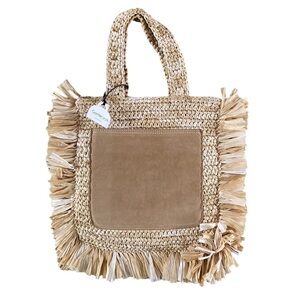 Caterina Bertini Fringe Straw Tote Handbag with Suede Pocket NWT